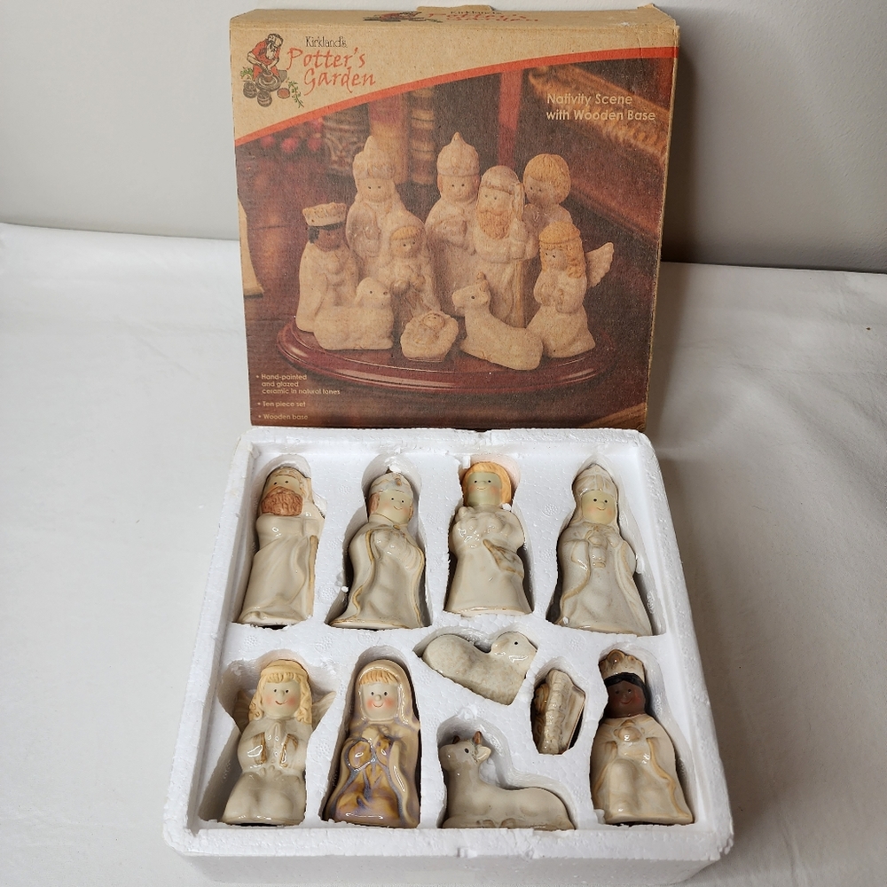 Nativity Scene with Wood Base Glazed Ceramic 10-Pc Set Christmas Kirkland's NEW